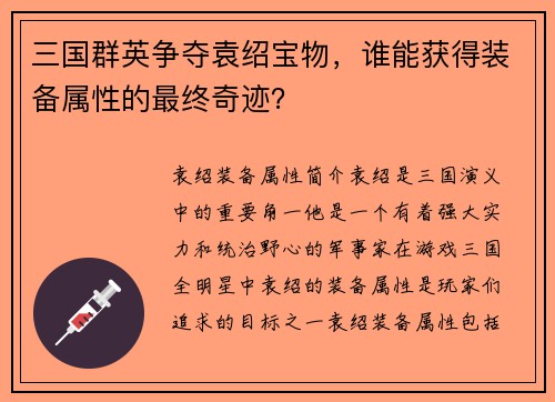 三国群英争夺袁绍宝物，谁能获得装备属性的最终奇迹？